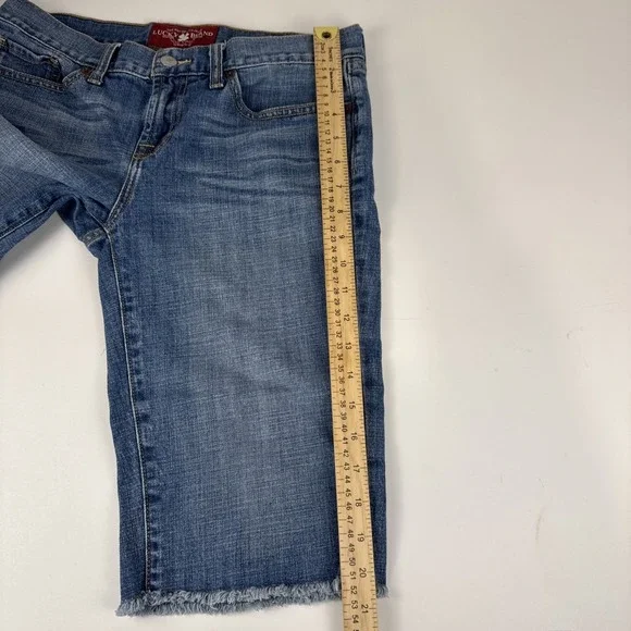 Lucky Brand Abbey Bermuda Shorts Women 6 28 Blue Denim Embroidered Frayed Hem - Picture 13 of 16